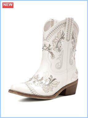 Western Cowgirl Ankle Bootie Embroidered Rhinestone Pointed Toe Chunky Heel